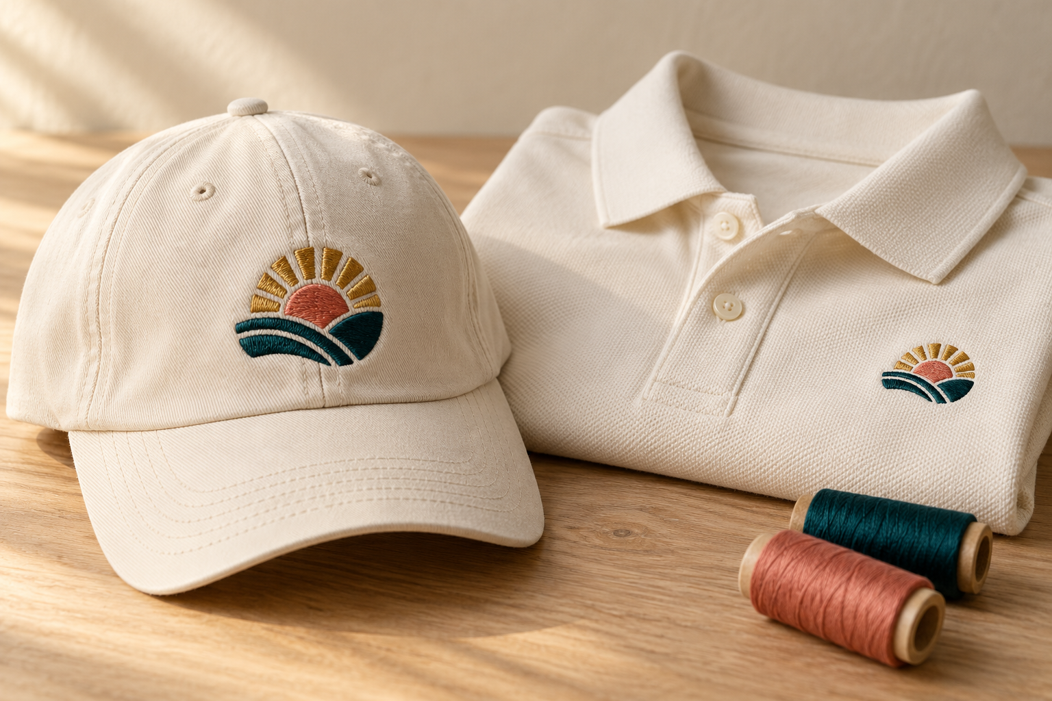 Illustrative sample of embroidered emblems on a cream cap and polo